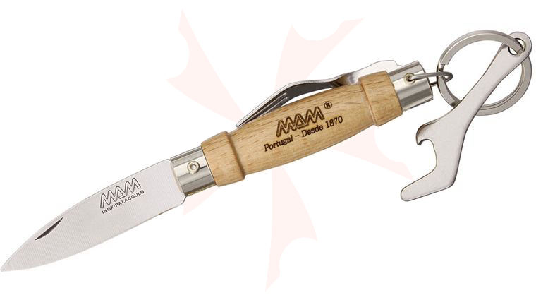 MAM Filmam 1C Folding Fork and Knife 2.25 inch Stainless Steel Blade and Bottle Opener, Beech Wood Handle