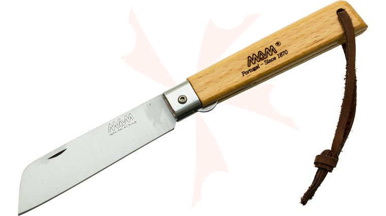 MAM Filmam 2043 Liner Lock Folding Knife 3.25 inch Sheepsfoot Blade, Beechwood Handle, Leather Lanyard