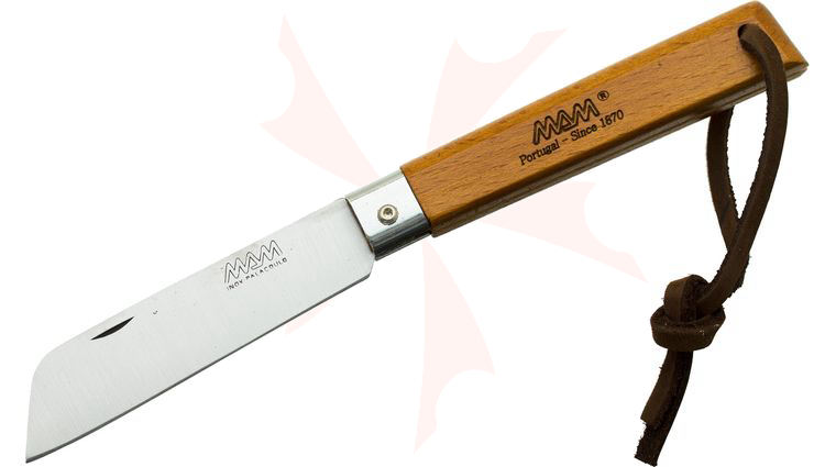 MAM Filmam 2042 Folding Knife 3.25 inch Sheepsfoot Blade, Beechwood Handle, Leather Lanyard