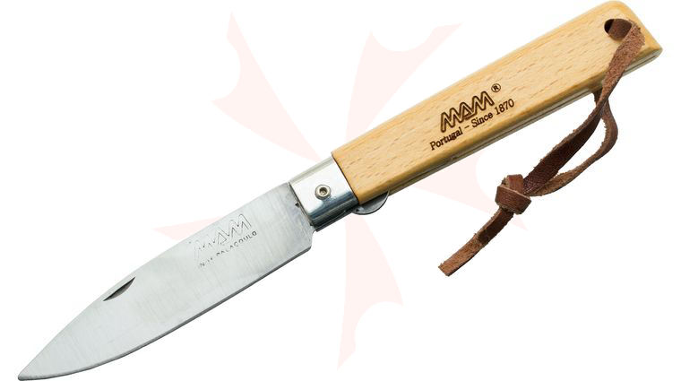 MAM Filmam 2038 Liner Lock Folding Knife 3.25 inch Drop Point Blade, Beechwood Handle with Leather Lanyard