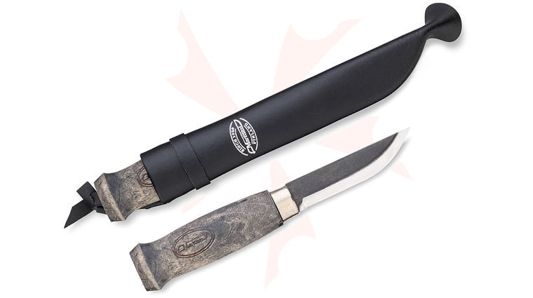 Marttiini Special Black Lumberjack 3.54 inch Fixed Plain Blade, Stained Curly Birch Handle, Leather Sheath