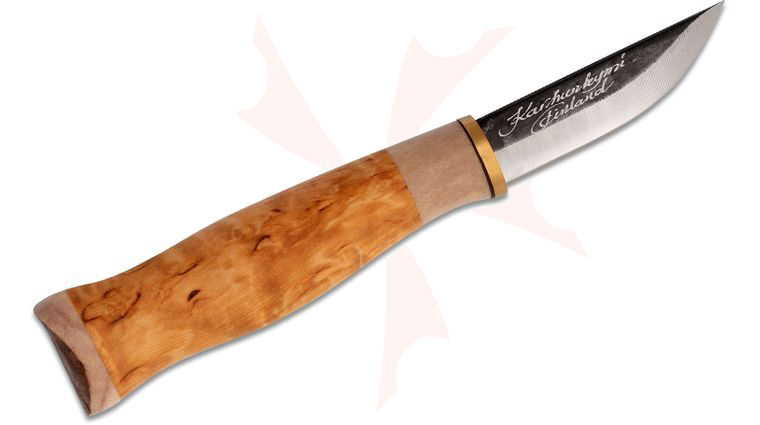 Kellam Knives Noita Puukko Fixed Blade Knife 2.38 inch Two-Tone Carbon Steel Blade, Curly Birch Wood Handle w/ Reindeer Antler Bolsters, Brown Leather Sheath