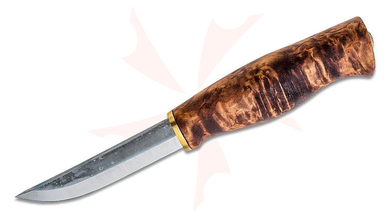 Kellam Knives The Wolverine 3.75 inch Fixed Plain Blade, Stained Curly Birch Handle, Leather Sheath