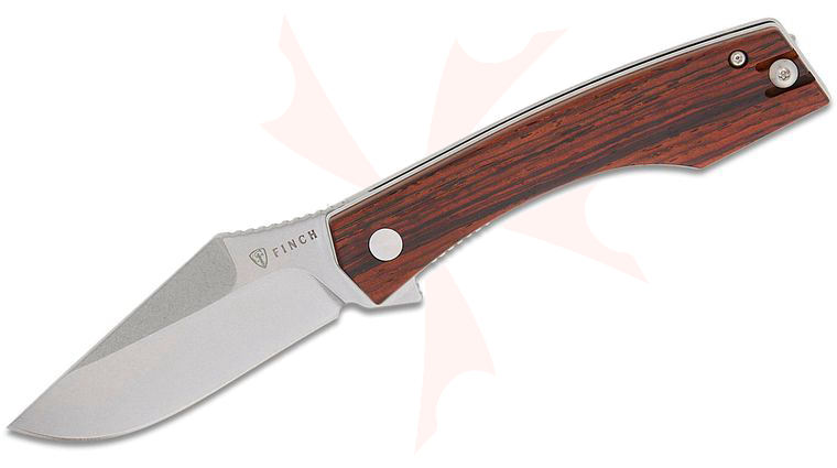 Finch Knife Company Medieval Madness Liner Lock Flipper Knife 3 inch 14C28N Stonewashed Harpoon Clip Point Blade, Cocobolo Wood Handles, Reversible Wire Clip