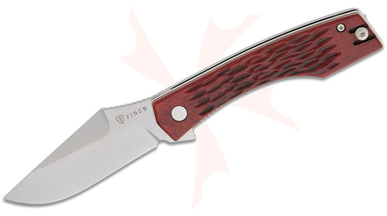 Finch Knife Company Medieval Madness Liner Lock Flipper Knife 3 inch 14C28N Stonewashed Harpoon Clip Point Blade, Scotch Jigged Bone Handles, Reversible Wire Clip