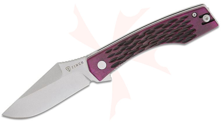 Finch Knife Company Medieval Madness Liner Lock Flipper Knife 3 inch 14C28N Stonewashed Harpoon Clip Point Blade, Royal Plum Jigged Bone Handles, Reversible Wire Clip