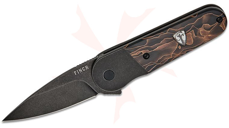 Finch Knife Company CHERRY BOMB Aftermath Bolster Lock Flipper Knife 2.6 inch 154CM Black Stonewashed Drop Point Blade, Black Bolstered Stainless Steel Handles with Raffir Resin Scales