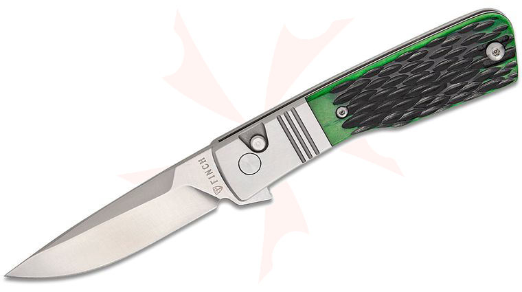 Finch Knife Company El Camino Button Lock Flipper Knife 3 inch 14C28N Satin Drop Point Blade and Bolstered Stainless Steel Handles with Clover Green Jigged Bone Scales