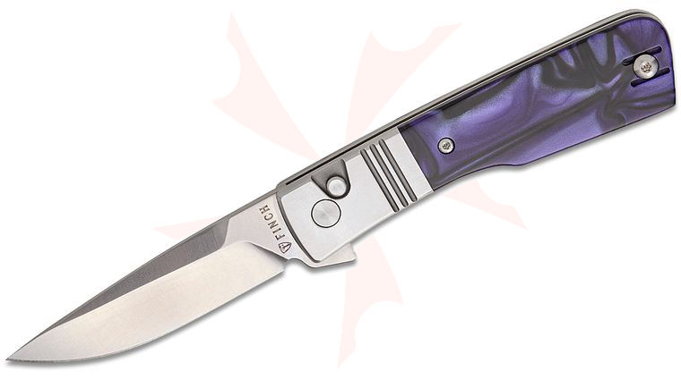 Finch Knife Company El Camino Button Lock Flipper Knife 3 inch 14C28N Satin Drop Point Blade and Bolstered Stainless Steel Handles with Purple Haze Kirinite Scales