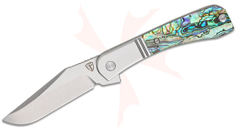 Finch Knife Company Gooseneck Bolster Lock Flipper Knife 2.75 inch 14C28N Two-Tone Clip Point Blade, Bolstered Stainless Steel Handles with Abalone Scales, Reversible Wire Clip