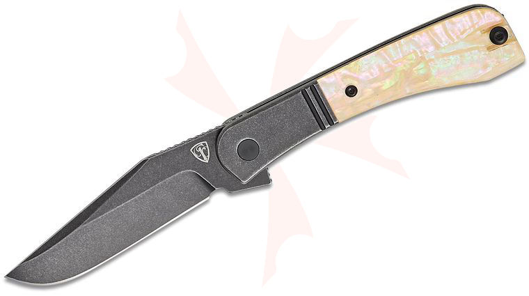 Finch Knife Company Gooseneck Bolster Lock Flipper Knife 2.75 inch 14C28N Black Stonewashed Clip Point Blade and Bolstered Stainless Steel Handles with Mother of Pearl Scales, Reversible Wire Clip