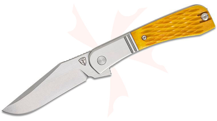 Finch Knife Company Gooseneck Bolster Lock Flipper Knife 2.75 inch 14C28N Two-Tone Clip Point Blade, Bolstered Stainless Steel Handles with Yellow Jigged Bone Scales, Reversible Wire Clip