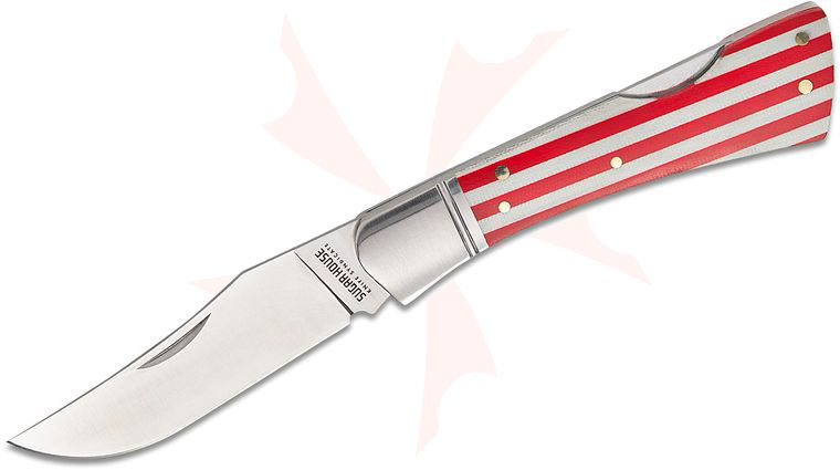 Finch Knife Company Sugar House Knife Syndicate Flying Goddess Barber's Delight Traditional Lockback Folding Knife 3 inch 14C28N Satin Clip Point Blade, Bolstered Stainless Steel Handles with Red & White G10 Scales