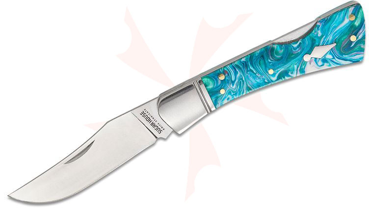 Finch Knife Company Sugar House Knife Syndicate Flying Goddess Traditional Lockback Folding Knife 3 inch 14C28N Satin Clip Point Blade, Bolstered Stainless Steel Handles with Cotton Candy Resin Scales