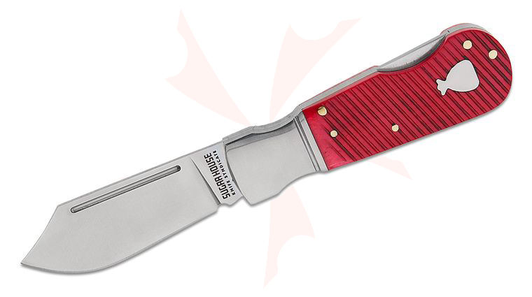 Finch Knife Company Sugar House Knife Syndicate Pretty Boy Bloodline Traditional Lockback Folding Knife 2.5 inch 14C28N Satin Clip Point Blade, Bolstered Stainless Steel Handles with Red Sawcut Bone Scales