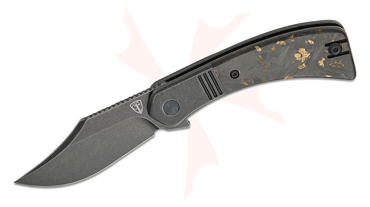 Finch Knife Company Snub Nose Bolster Lock Flipper Knife 2.75 inch 154CM Black Stonewashed Clip Point Blade, Black Bolstered Stainless Steel Handles with Midnight Honey Carbon Fiber Scales