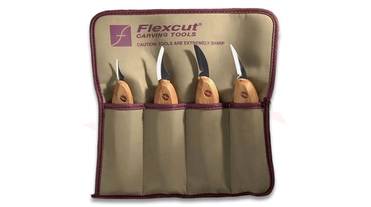 Flexcut 4-Piece Premium Carving Knife Set, 4 Different Style Blades w/ Knife Roll, Cherry Wood Handles