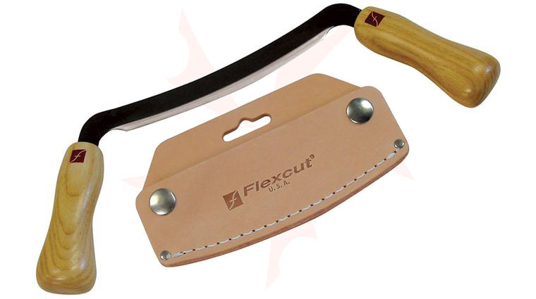 Flexcut Draw Knife 5 inch Flexible Carbon Steel Blade, Ash Wood Handles, Leather Sheath