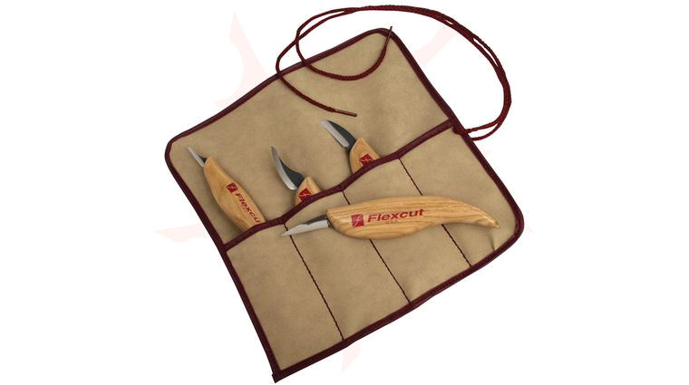 Flexcut 4-Piece Carving Knife Set, 4 Different Style Blades w/ Knife Roll, Ash Wood Handles