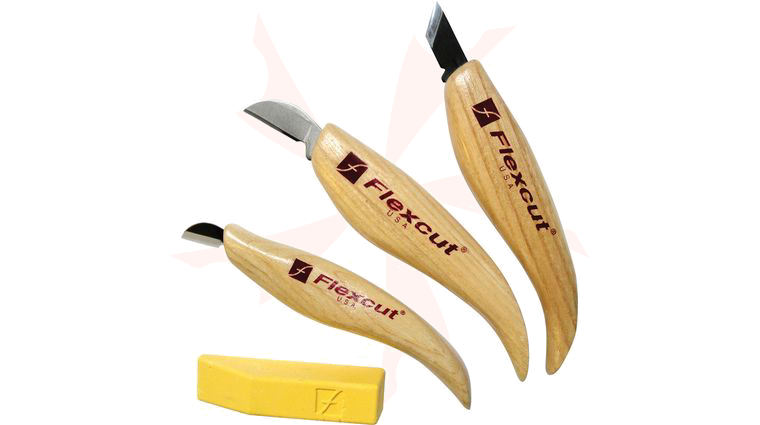 Flexcut 3-Piece Chip Carving Set 3 Different Style Blades w/ Polishing Compound, Ash Wood Handles
