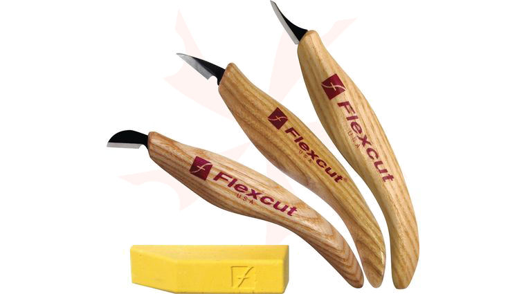 Flexcut 3-Piece Detail Knife Set 3 Different Style Blades w/ Polishing Compound, Ash Wood Handles