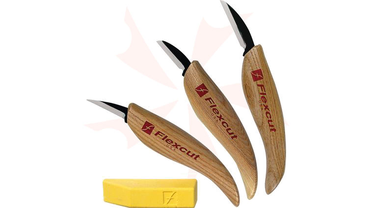 Flexcut 3-Knife Starter Set 3 Different Style Blades w/ Polishing Compound, Ash Wood Handles
