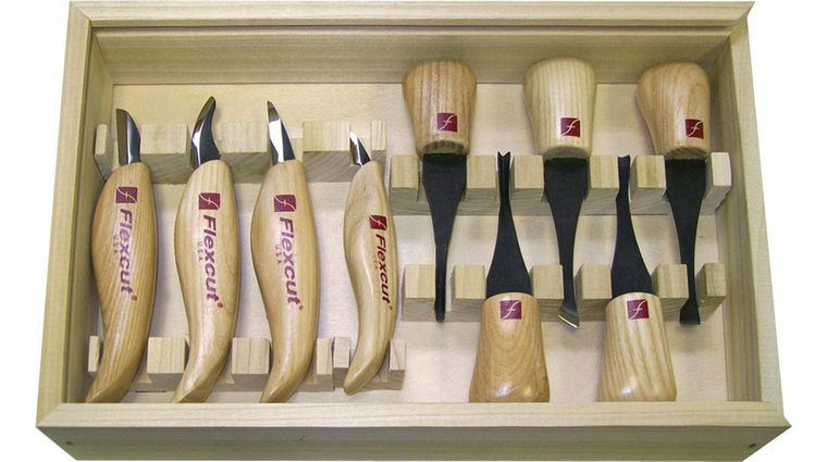 Flexcut 9-Piece Deluxe Palm and Knife Set, 9 Different Style Blades, Ash Wood Handles, Storage Box