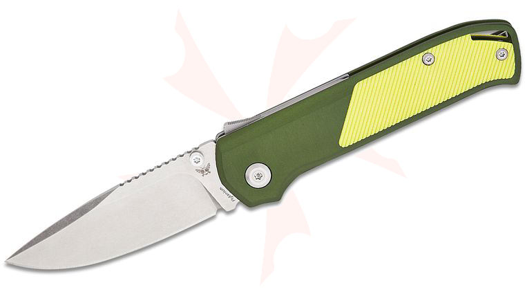 Flytanium Arcade Shark Lock Folding Knife 3.2 inch S35VN Stonewashed Drop Point Blade, OD Green Aluminum Handles with Yellow G10 Inlays