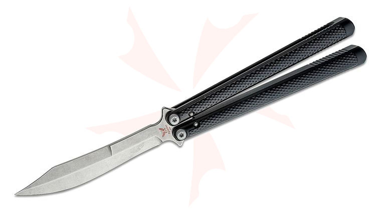 Flytanium Talisong Z Butterfly Knife 4.5 inch AEB-L Stonewashed Scimitar Blade, Milled Black Aluminum Handles, Bali-Boot