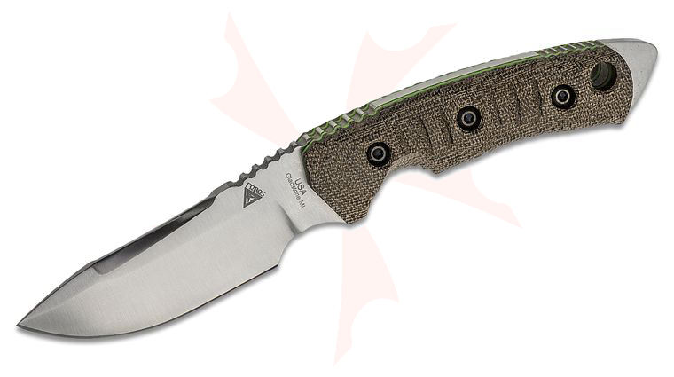 FOBOS Knives Tier 1 Mini Fixed Blade Knife 3.94 inch CPM-154 Satin Drop Point, OD Green Canvas Micarta w/ Green Liners, Leather Sheath
