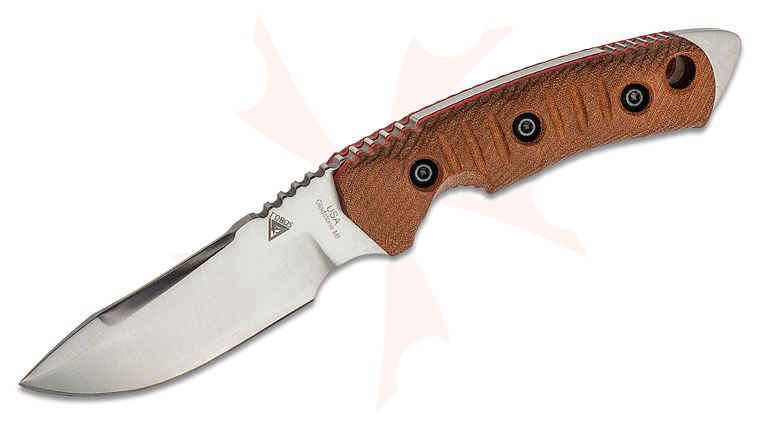 FOBOS Knives Tier 1 Mini Fixed Blade Knife 3.94 inch CPM-154 Satin Drop Point, Natural Canvas Micarta w/ Red Liners, Leather Sheath