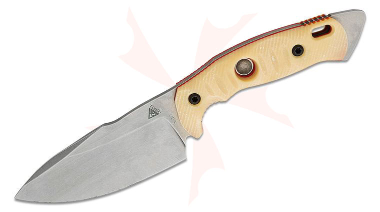 FOBOS Knives Alaris Fixed Blade Knife 4.92 inch CPM-3V Stonewashed Drop Point, Ivory Paper Micarta w/ Red Liners, Kydex Sheath