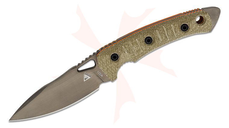 FOBOS Knives Cacula Fixed Blade Knife 4.31 inch CPM-S35VN Black PVD Drop Point, OD Green Micarta w/ Orange Liners, Kydex Sheath