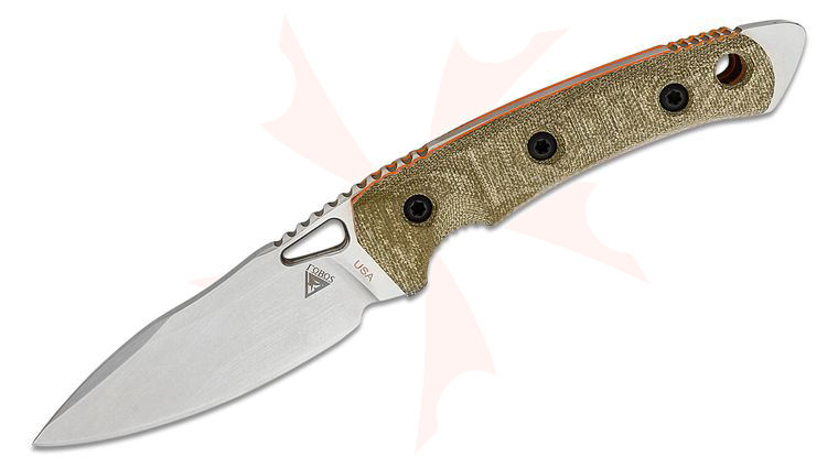 FOBOS Knives Cacula Fixed Blade Knife 4.31 inch CPM-S35VN Stonewashed Drop Point, OD Green Micarta w/ Orange Liners, Kydex Sheath