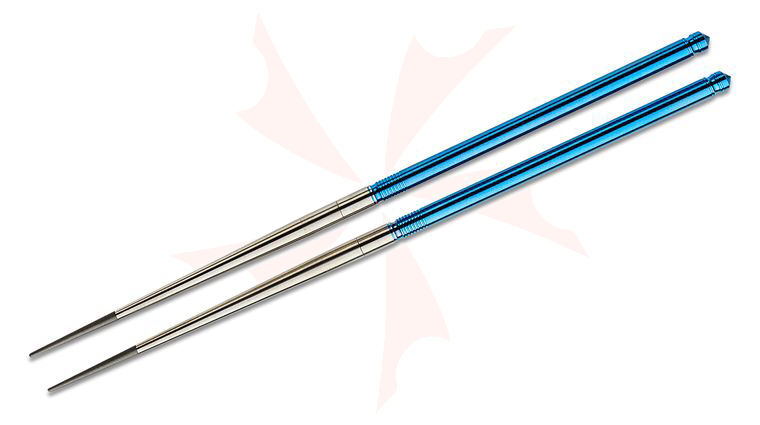 Foltsum 2-Piece Blue Anodized Titanium Chopsticks, Brown Nylon Pouch