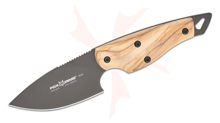 Fox 1504 OL European Hunter Fixed Blade 3.35 inch N690 Black Drop Point Blade, Olive Wood Handles, Leather Belt Sheath