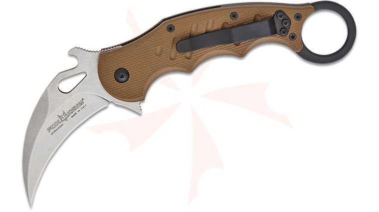 Fox 479ESW Folding Karambit Flipper 3.2 inch Stonewashed N690Co Plain Blade, Dark Earth G10 Handles