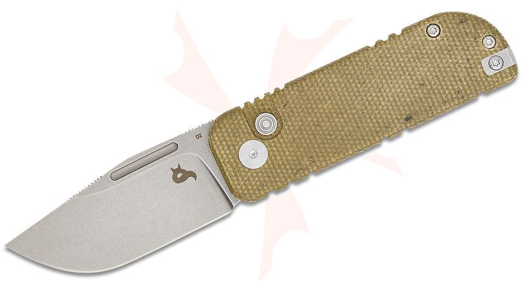 Fox BlackFox BF-758 MI Nu-Bowie Button Lock Folding Knife 2.48 inch D2 Stonewashed Clip Point Blade, Green Micarta Handles