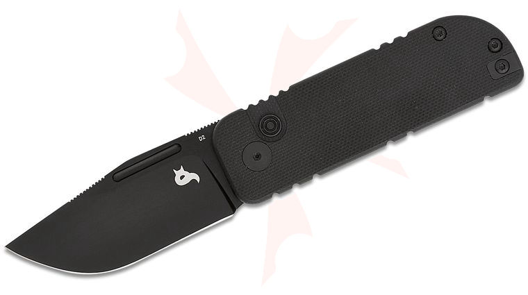 Fox BlackFox BF-758 Nu-Bowie Button Lock Folding Knife 2.48 inch D2 Black Clip Point Blade, Black G10 Handles