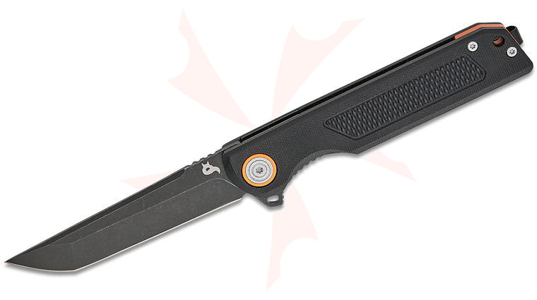 Fox BlackFox BF-769 Momentum Liner Lock Flipper Knife 3.375 inch D2 Black Stonewashed Tanto Blade, Black G10 Handles, Orange Aluminum Backspacer