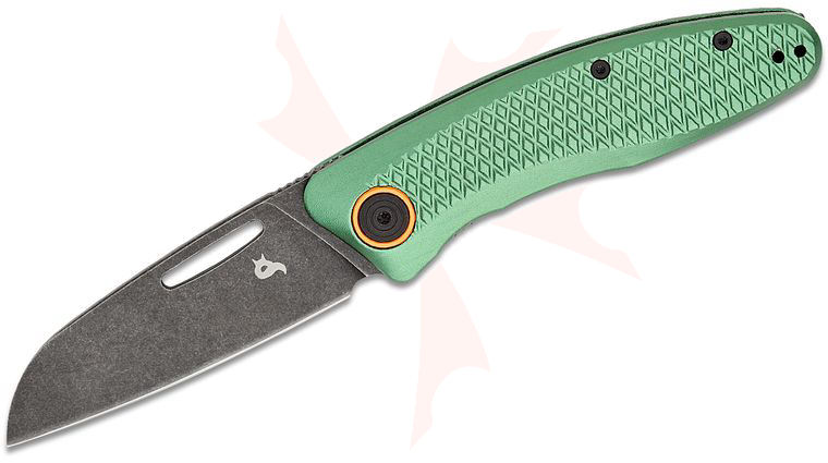 Fox BlackFox BF-762 OD Feresa Liner Lock Folding Knife 3.54 inch D2 Black Stonewashed Sheepsfoot Blade, Green Anodized Aluminum Handles