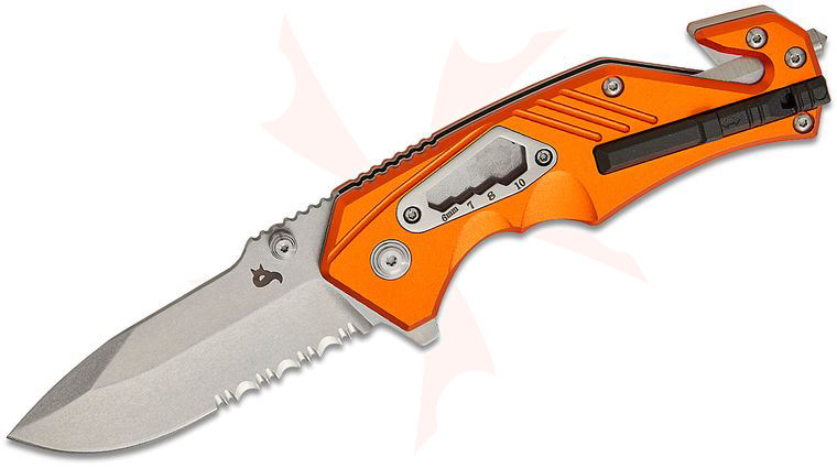 Fox BlackFox BF-784 OR BlackFox Demand Rescue Folding Knife 3.5 inch D2 Stonewashed Combo Blade, Orange Aluminum Handles, Nylon Sheath