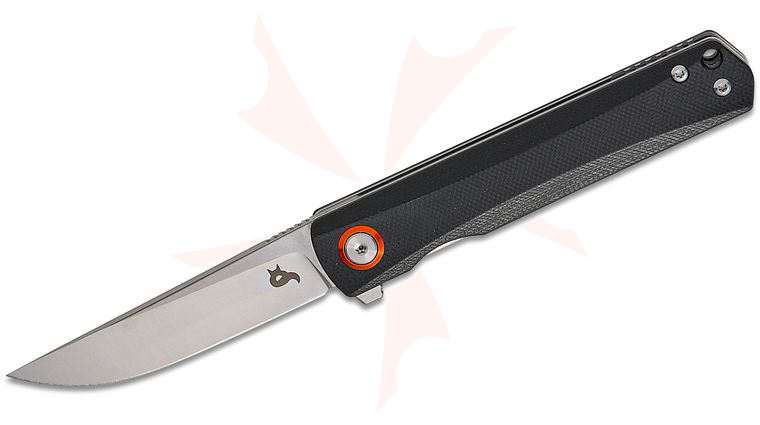 Fox BlackFox BF-783 ZW Spear Flipper Knife 3 inch D2 Satin Drop Point Blade, Black G10 Handles with Orange Pivot Ring