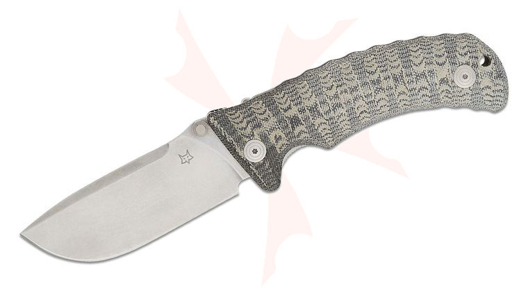 Fox FX-130 MBSW Pro-Hunter Liner Lock Folding Knife 3.74 inch N690Co Stonewashed Drop Point, Black Jute Micarta Handles, Leather Pouch