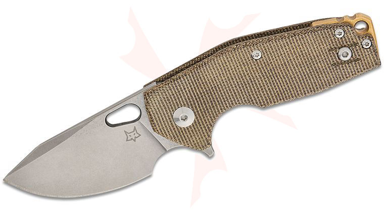 Fox FX-526LI MOD Jesper Voxnaes Suru Liner Lock Flipper Knife 2.32 inch M398 Stonewashed Clip Point Blade, OD Green Canvas Micarta Handles, Leather Pocket Slip