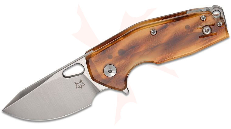 Fox FX-526LI RB1 Jesper Voxnaes Suru Liner Lock Flipper Knife 2.32 inch M398 Satin Clip Point Blade, Amber Cellulose Acetate (Polymer) Handles