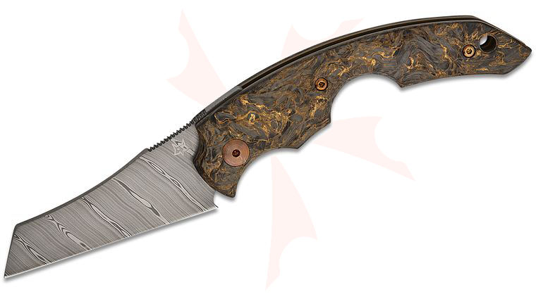 Fox Knives FX-541 DMG Virtus Friction Folding Knife 2.52 inch Super Dense Twist Damasteel Chisel Ground Blade, Gold Dark Matter FatCarbon Handles, Leather Pocket Sheath