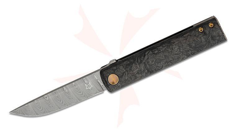 Fox FX-543 DCF Chnops Flipper Knife 2.95 inch Damascus Drop Point Blade, Carbon Fiber Handles with Bronze Titanium Spacer