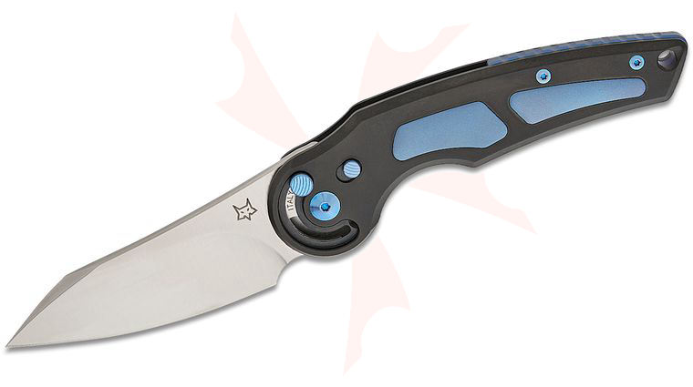 Fox FX-555 TIBL Denis Simonutti Jupiter Radius Button Lock Folding Knife 3.07 inch M390 Satin Modified Wharncliffe Blade, Black Titanium Handles with Blue Titanium Inlays, Leather Sheath