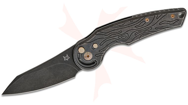 Fox FX-555 TIBR Denis Simonutti Jupiter Radius Button Lock Folding Knife 3.07 inch M390 Black Stonewashed Modified Wharncliffe Blade, Topographic Black Titanium PVD Handles, Leather Sheath
